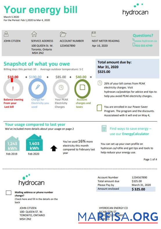 Blank USA Ontario Hydrocan electricity utility bill template in Word and PDF format